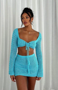 I Was Here Long Sleeve Crochet Crop Blue