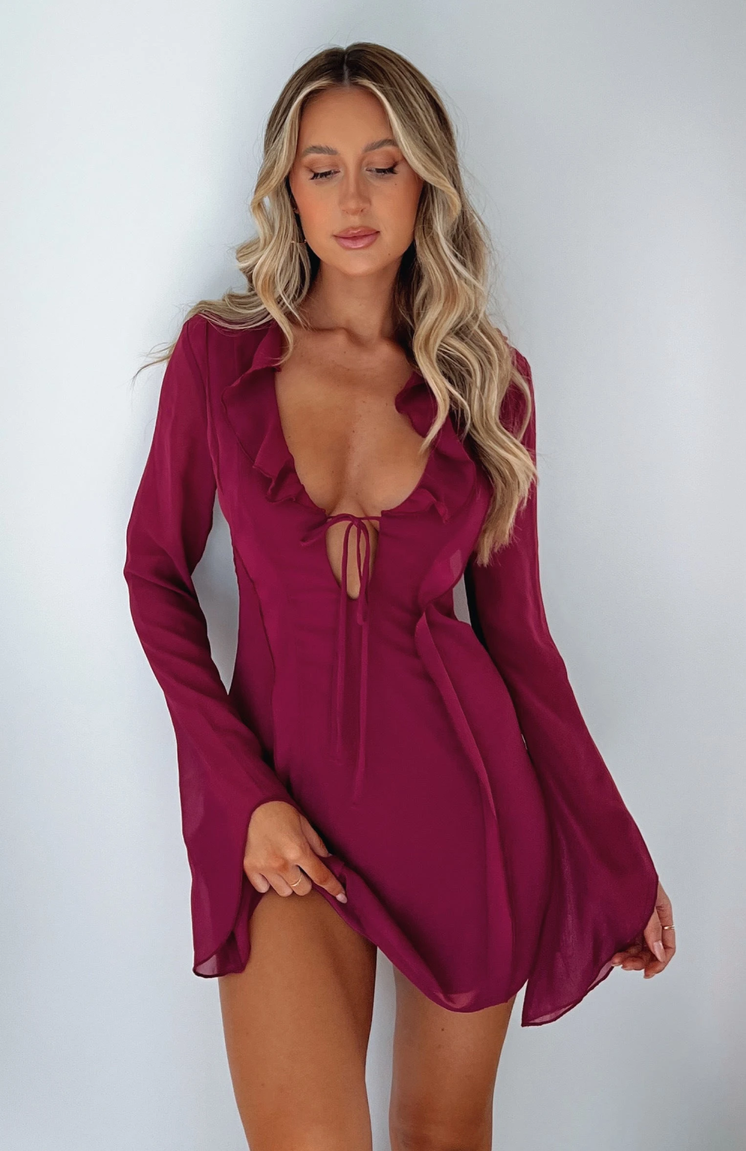 Falling To Pieces Long Sleeve Mini Dress Berry 3 Falling To Pieces Long Sleeve Mini Dress Berry