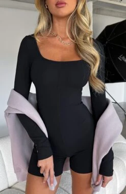 Under My Spell Long Sleeve Playsuit Black -White Fox Sales IMG 7076